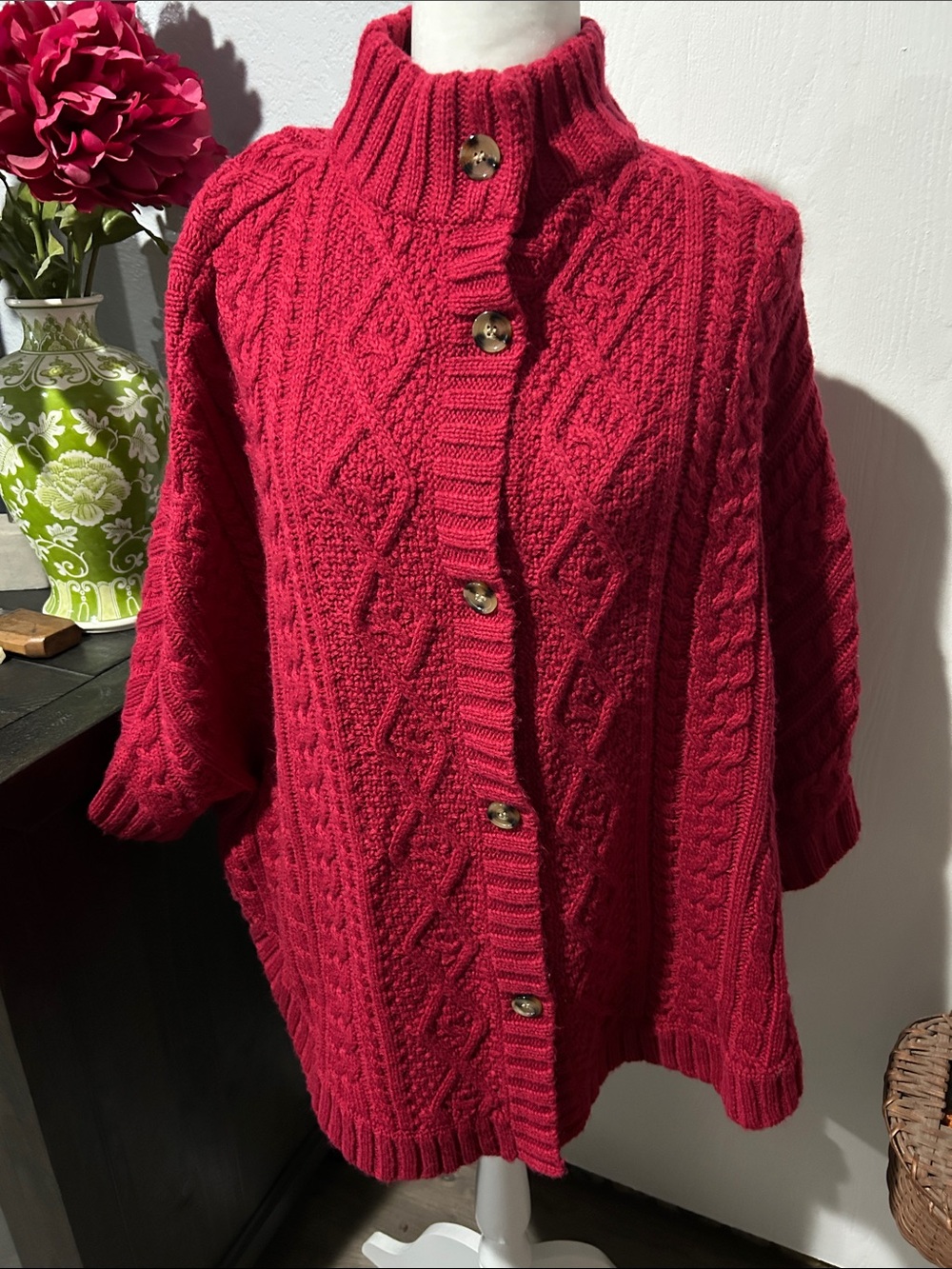 April Cornell Red Cable-Knit Button Front Sweater Cape.